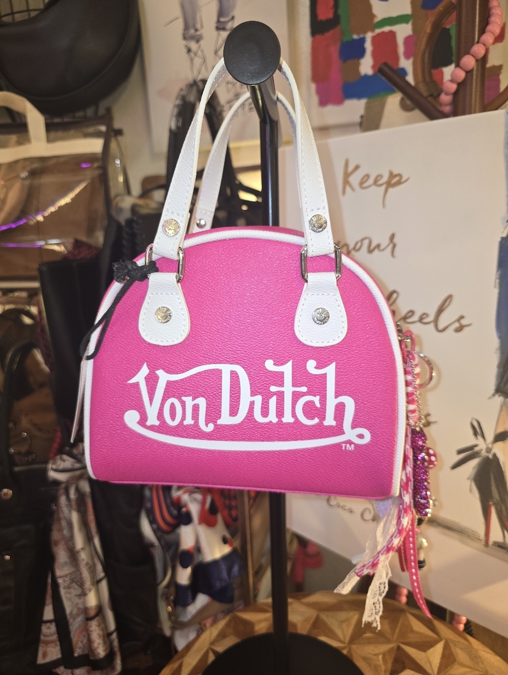 NWT Von Dutch Pink Mini Dome Satchel with White Handles